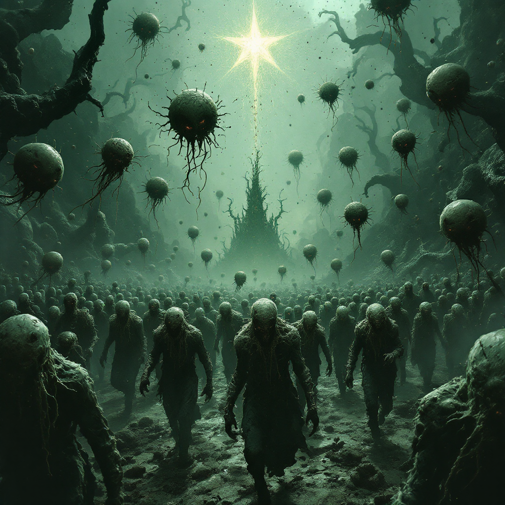 A dark, foggy landscape filled with humanoid figures and floating spore-like orbs, under a glowing star above a distant, eerie tower.