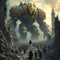 A colossal, intricately designed machine towers over a group of soldiers marching through a ruined landscape, embodying war's insatiable hunger for machines and manpower.