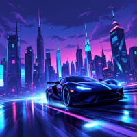 A sleek, futuristic car races through a vibrant, neon-lit cityscape at night, embodying the spirit of action and determination from the quote about starting and doing.