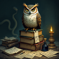 An owl perches atop a stack of books, surrounded by scattered papers and an ink bottle, illuminated by candlelight, evoking themes of knowledge and reflection.