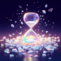 An hourglass made of shimmering glass sits among scattered shards, symbolizing the fragility of time, evoking the quote about time being easily broken and reshaped.