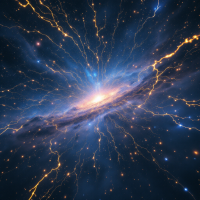 A cosmic scene with a bright sky filled with countless thin, golden threads of fire crackling like heatless lightning, weaving and flickering across the horizon.