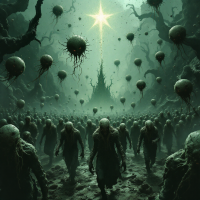 A dark, foggy landscape filled with humanoid figures and floating spore-like orbs, under a glowing star above a distant, eerie tower.