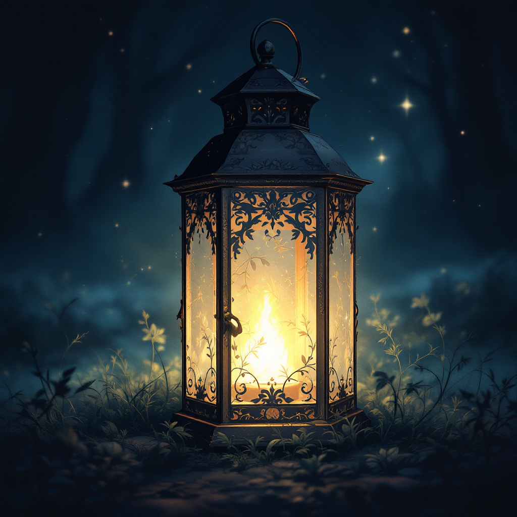 A beautifully detailed lantern emits a warm glow in a dark, mystical forest, symbolizing hope and guidance in shadowy places, inspired by the quote about light in darkness.