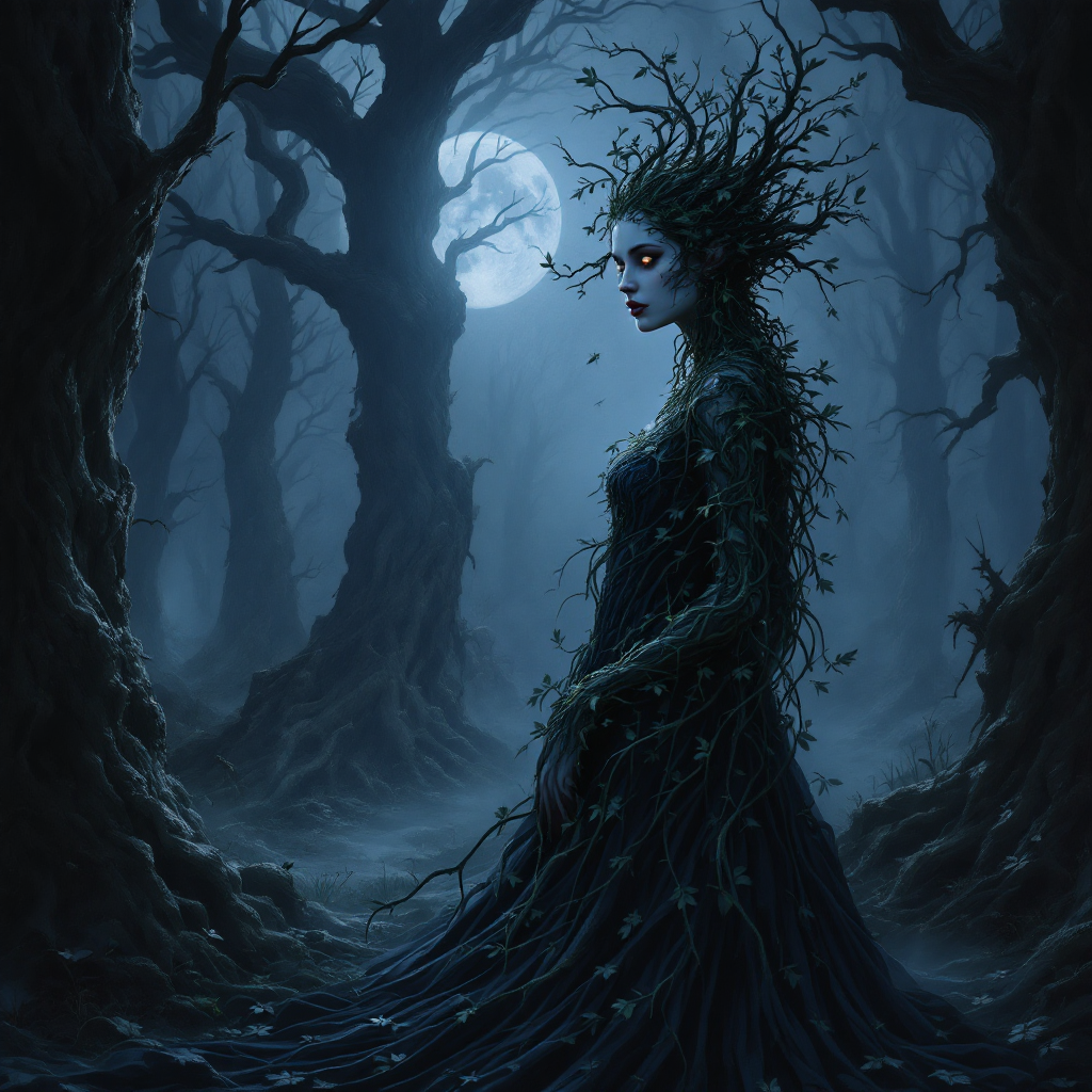 A mysterious figure entwined in vines stands in a dark, moonlit forest, embodying the essence of adaptation and harmony with the environment.