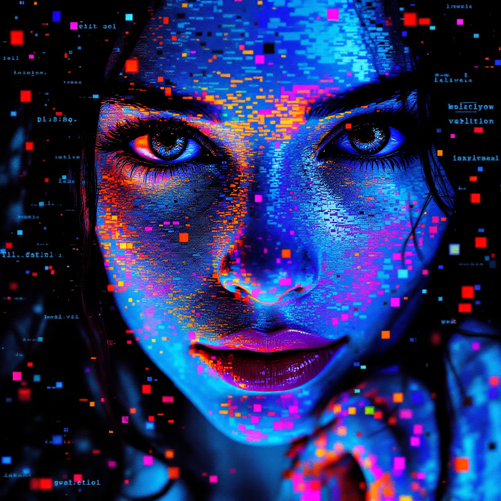 A striking portrait of a woman with captivating eyes and vibrant, colorful digital effects, symbolizing deep love and acceptance, reflecting a meaningful connection in the context of a heartfelt quote.