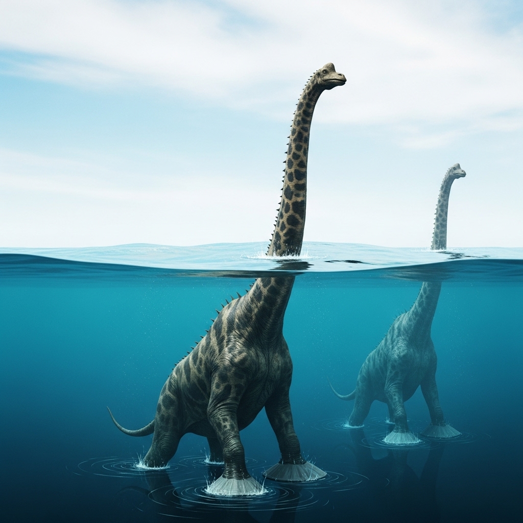 Two towering, giraffe-like creatures with spindly legs and broad, dish-shaped feet walk on the ocean surface, their slender necks rising far above the waterline.