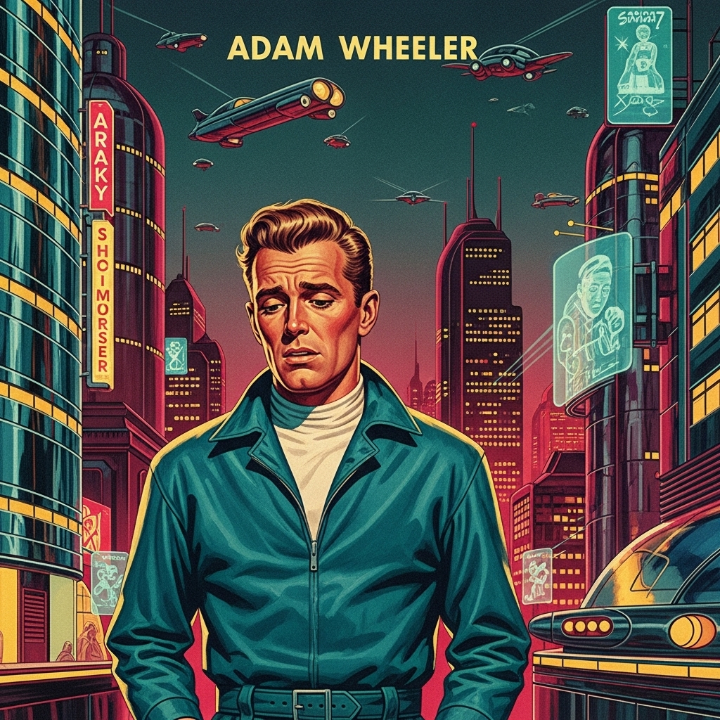 A somber man stands alone in a neon-lit city at night, his expression reflecting a deep, unsatisfied emptiness despite the vibrant surroundings.