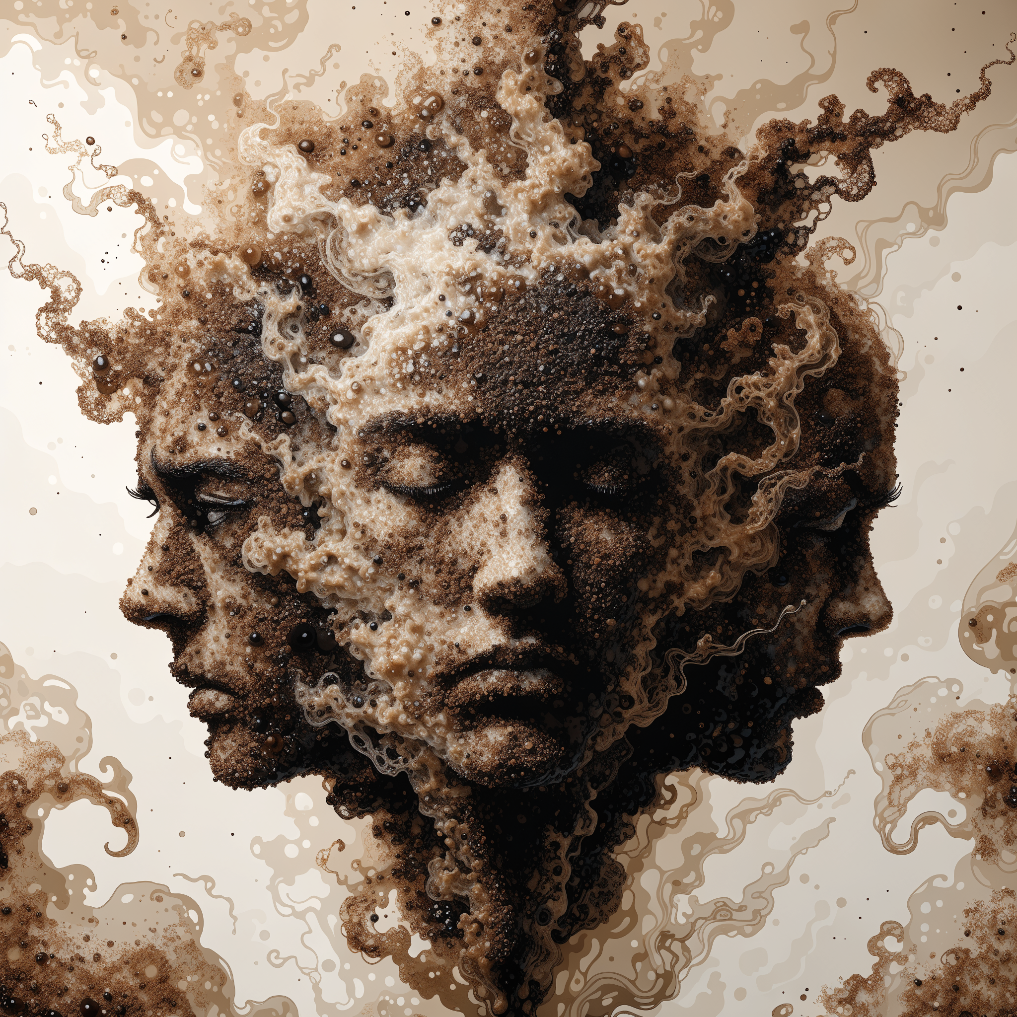 Surreal image of two indistinct human faces merging and dissolving into smoky, swirling textures, reflecting fragmented identity and the struggle between flesh and copy.