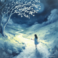 A girl in a blue dress walks along a winding path under a starry sky, suggesting the interplay of choices and fate amidst a serene, dreamlike landscape.