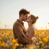 A couple shares a tender kiss in a vibrant field of flowers, embodying the essence of love as a journey of gain, not loss, illuminated by a warm sunset glow.