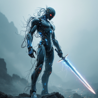 A futuristic, cybernetic warrior stands in a misty landscape, gripping a glowing sword, embodying the quote about the relationship between a blade and its wielder.