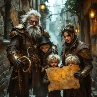 A rugged family of four stands in a misty alley, dressed in steampunk attire. The father and mother hold a tattered map, embodying the quote about their criminal ineptitude.