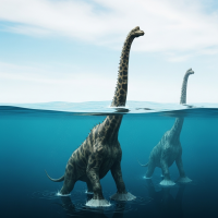 Two towering, giraffe-like creatures with spindly legs and broad, dish-shaped feet walk on the ocean surface, their slender necks rising far above the waterline.