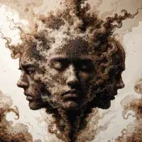 Surreal image of two indistinct human faces merging and dissolving into smoky, swirling textures, reflecting fragmented identity and the struggle between flesh and copy.