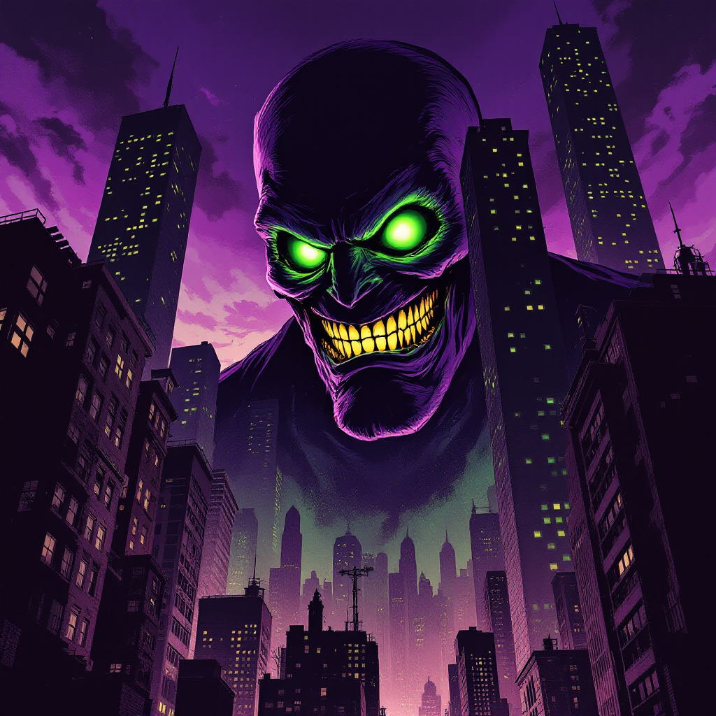 A menacing giant figure with glowing green eyes and a sinister grin looms over a dark, futuristic cityscape, evoking the theme of surveillance from the quote Big Brother is Watching You.