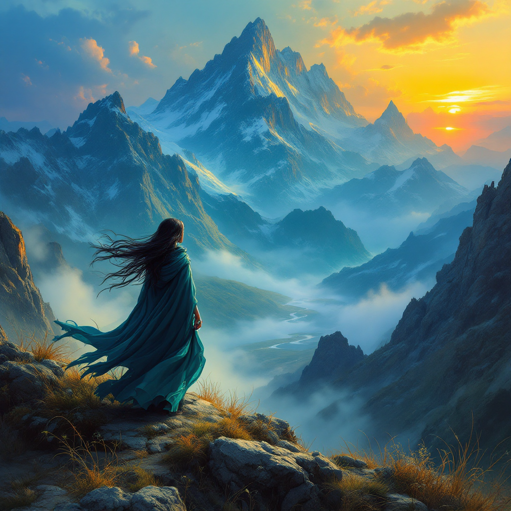 A figure in a flowing cloak stands on a rocky outcrop, gazing at majestic mountains and a vibrant sunset, capturing the beauty and peril of the world, mingled with love and grief.