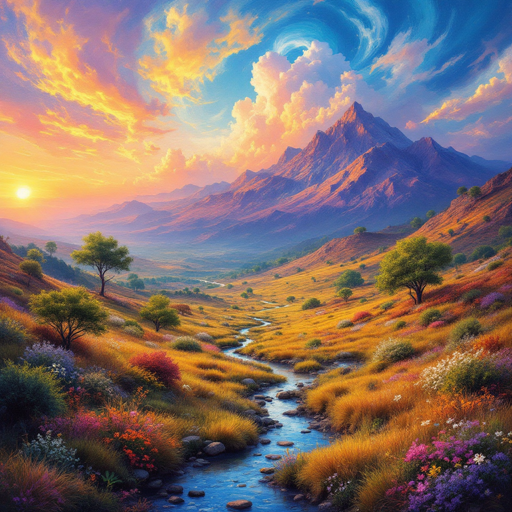 A vibrant landscape in Zikola, featuring a colorful sunset over mountains, a winding stream, and lush valleys filled with flowers, embodying the essence of lives painted on a canvas of time.