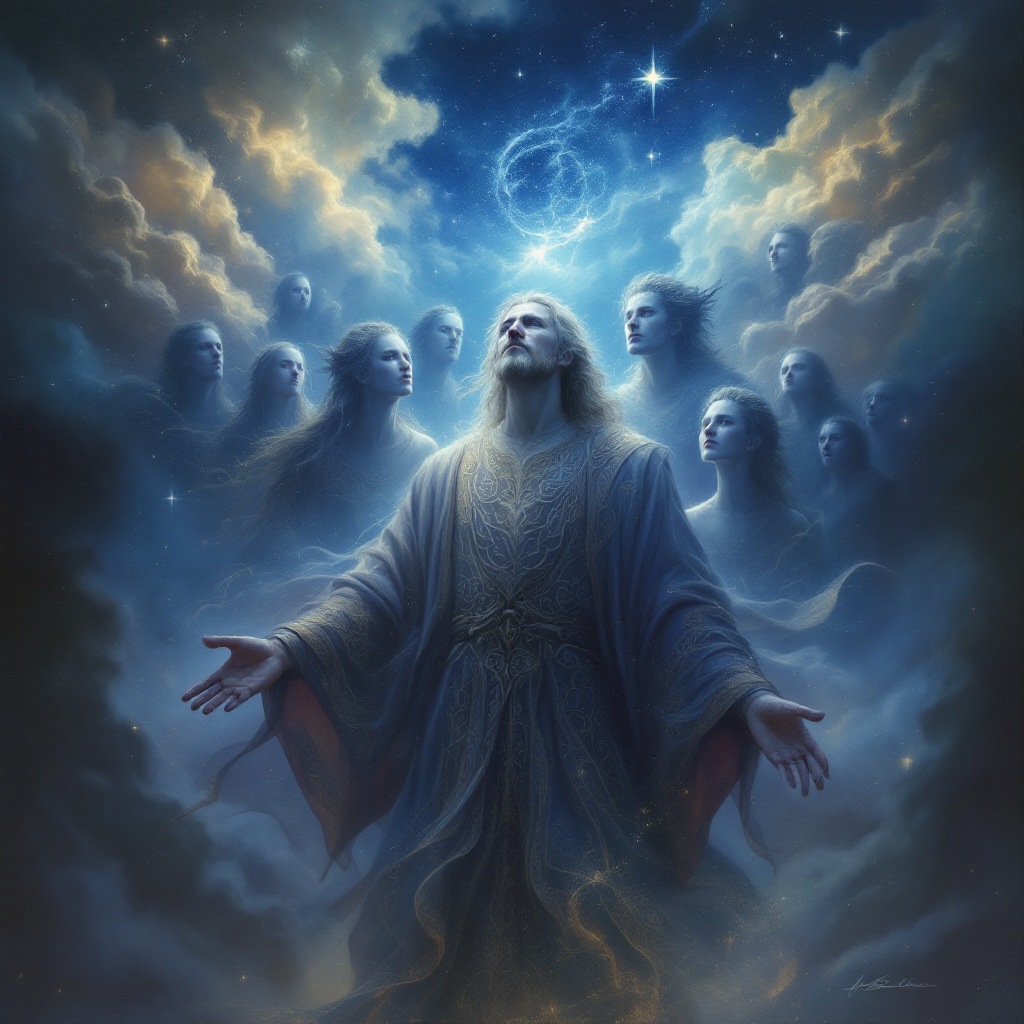 An ethereal figure with flowing robes stands amidst glowing clouds, surrounded by faint spectral beings, embodying themes of divine thought and creation.