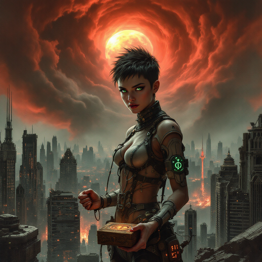 A determined figure stands against a backdrop of a dystopian city, holding a glowing box, as ominous clouds swirl around a sun, embodies the quote about the nature of the impossible.