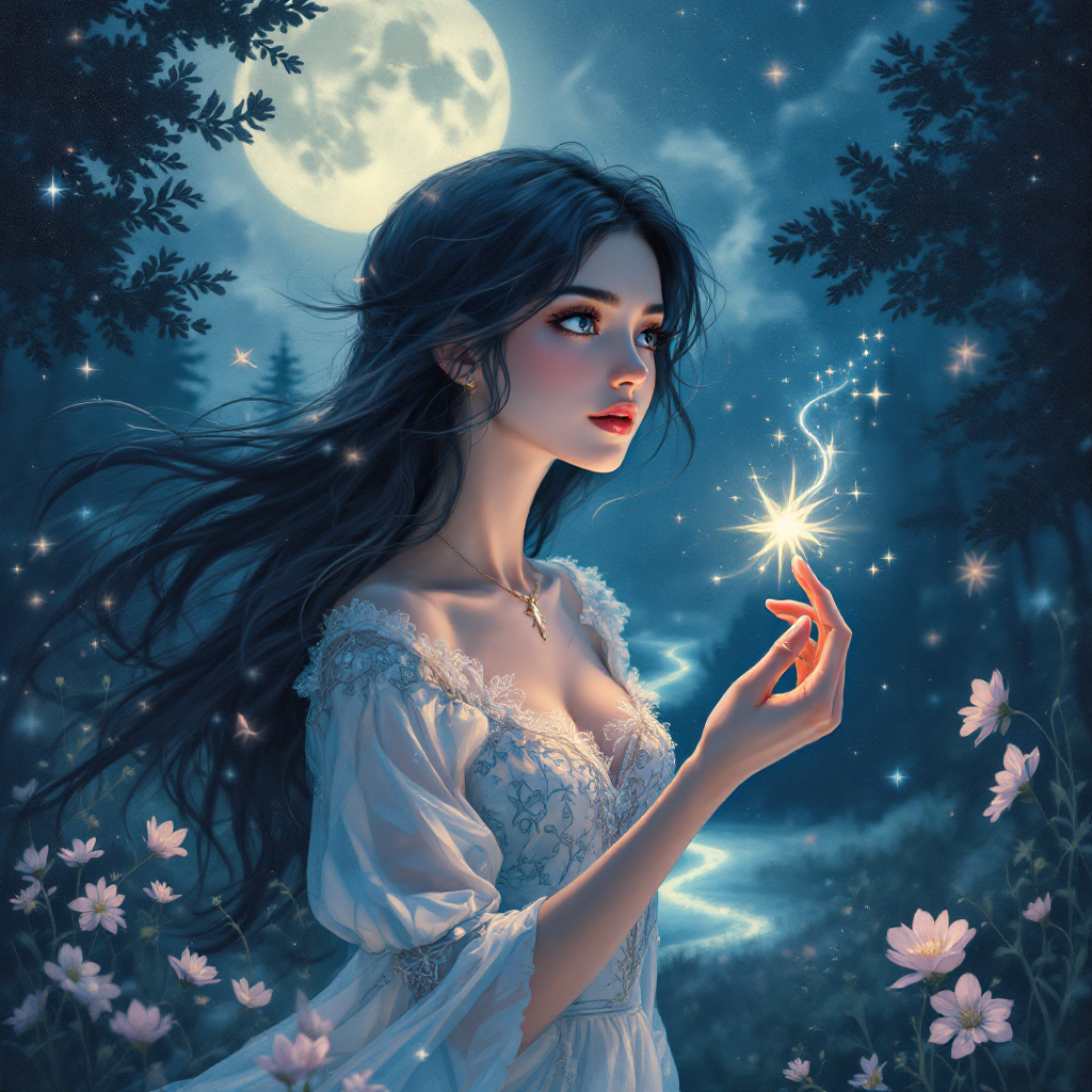 A young woman in a flowing white dress stands under a full moon, gently holding a glowing spark. Surrounded by a tranquil forest, she embodies the quest for destiny and purpose.