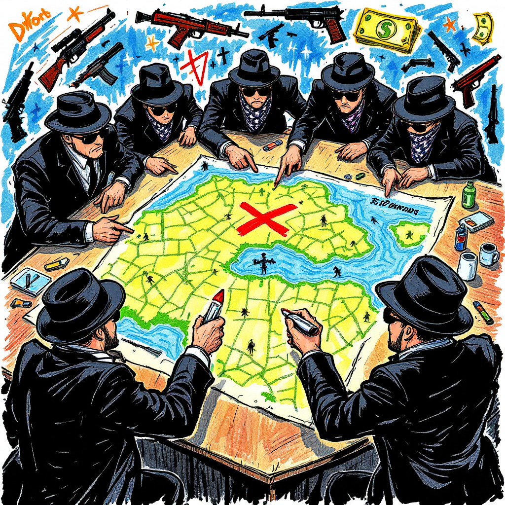 A group of men in black hats analyze a map surrounded by guns and money, embodying the quote about organized crime's structure and planning.