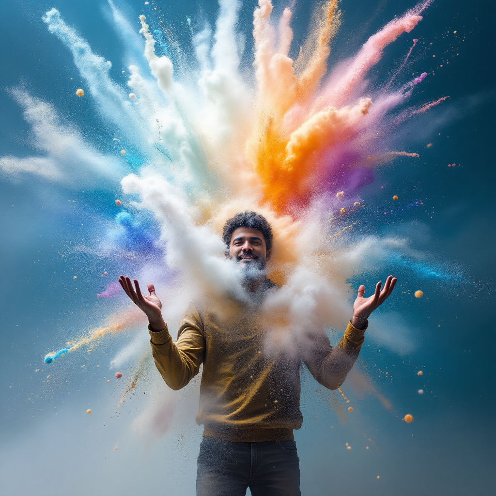 A man stands with arms raised, surrounded by a vibrant explosion of colorful powder, symbolizing the idea of harnessing personal power and transformation despite past events.