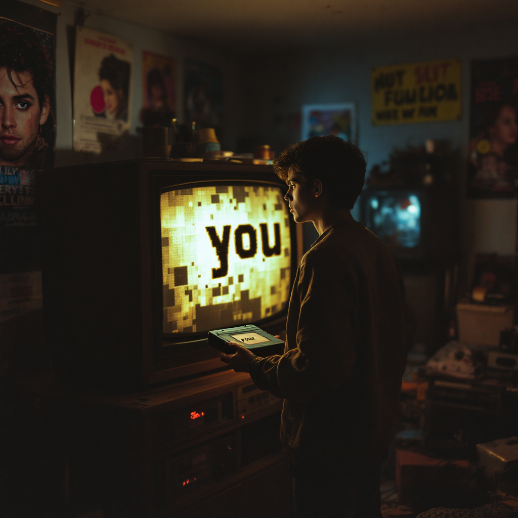 A person stands in a dimly lit room, gazing at a vintage television displaying the word you, surrounded by posters and clutter, evoking a sense of nostalgia and connection.