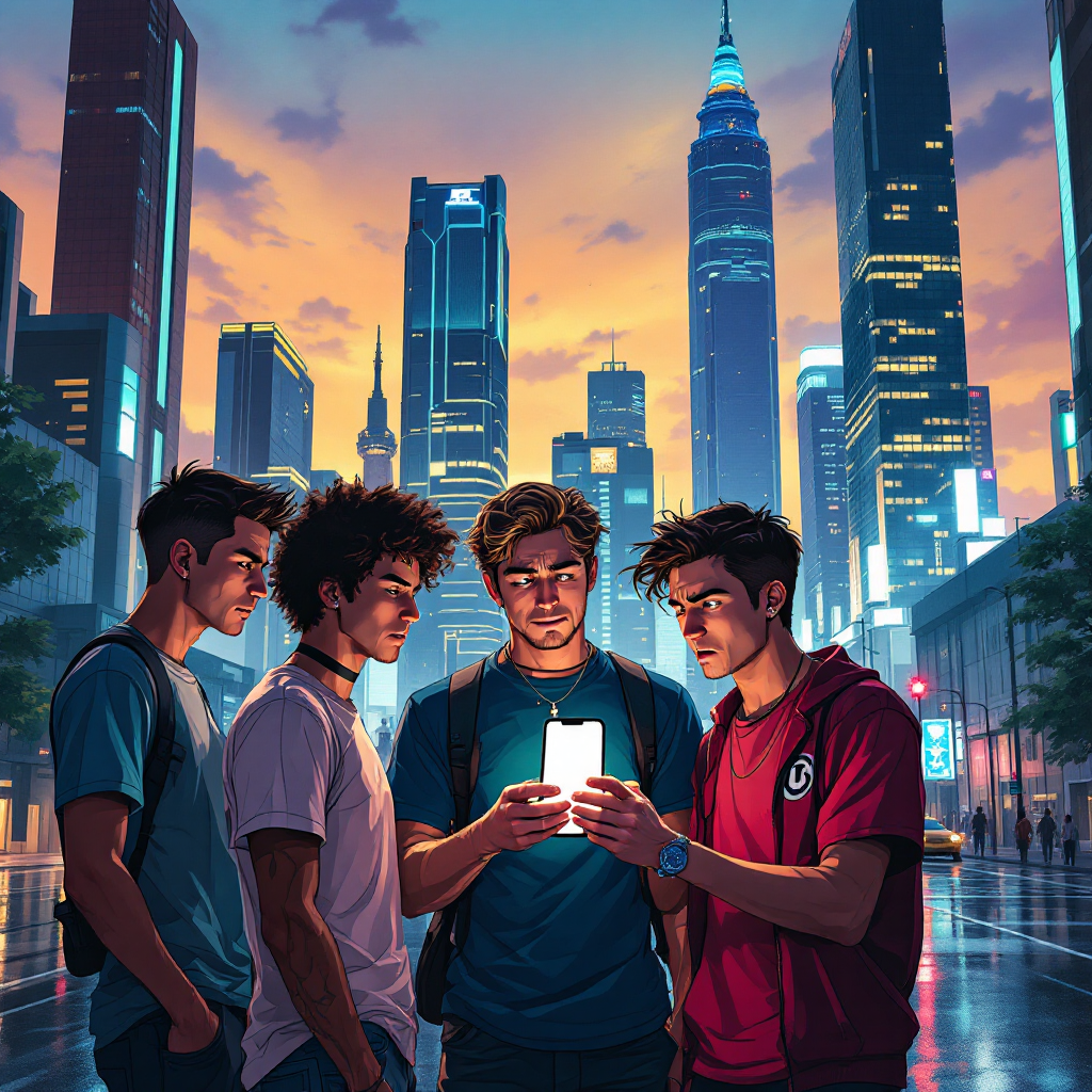 Four young men gather in a vibrant cityscape at dusk, intently looking at a phone, embodying the idea that understanding often requires direct communication or demonstration.