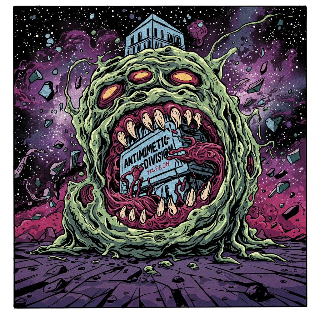 A monstrous, amorphous green creature with glowing red eyes devours a sign labeled Antimemetics Division against a cosmic purple and black background.