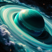 A greenish gas giant is surrounded by thin, shimmering rings, resembling a stack of old phonograph records, set against a backdrop of deep space and swirling clouds.