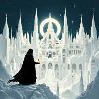 A cloaked figure stands on a snowy precipice, holding a glowing object, gazing at an opulent, white city illuminated by a crescent moon, embodying the essence of controlling the spice in the universe.