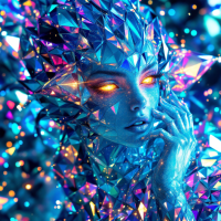 A luminous figure composed of shimmering crystals, with glowing eyes and an intricate, faceted surface, embodies the essence of the quote about understanding without explanation.