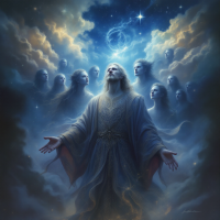 An ethereal figure with flowing robes stands amidst glowing clouds, surrounded by faint spectral beings, embodying themes of divine thought and creation.