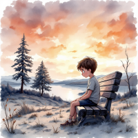 A young boy sits on a bench by a serene lake during sunset, reflecting thoughtfully, embodying the idea of understanding others through their perspectives.