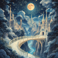 A majestic bridge arches over a serene river, leading to a fantastical city of shimmering castles under a luminous moon, surrounded by mystical clouds and stars.