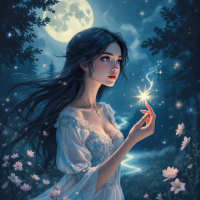 A young woman in a flowing white dress stands under a full moon, gently holding a glowing spark. Surrounded by a tranquil forest, she embodies the quest for destiny and purpose.