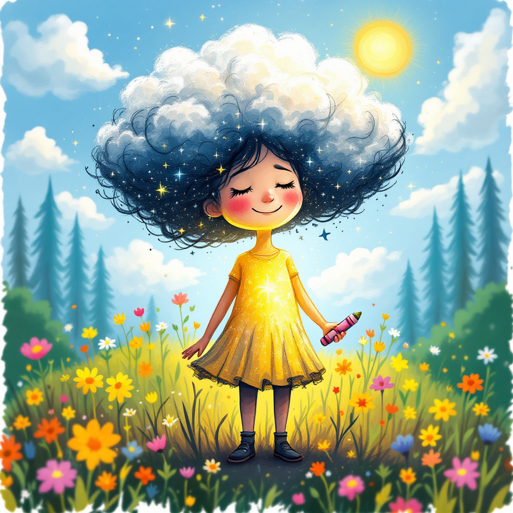 A joyful girl stands in a vibrant flower field, wearing a sunflower dress, with a cloudlike hairstyle sparkling under the sun, symbolizing the balance of light and dark within us.