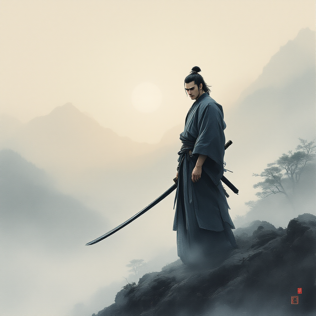 A samurai stands atop a rocky landscape, sword at his side, gazing toward the horizon as mist envelops the mountains, embodying the quote, The only way to gain power is to take it.