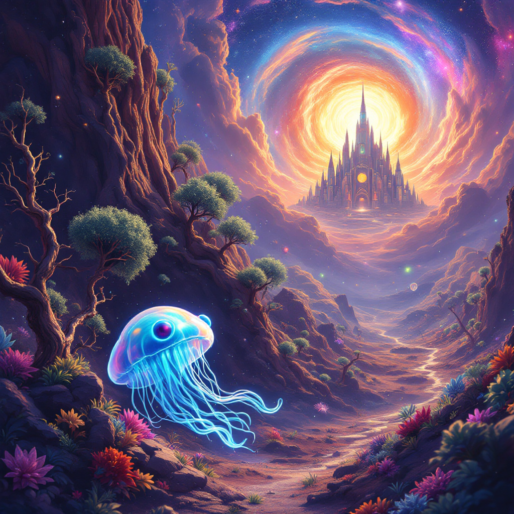 A glowing jellyfish floats through a vibrant alien landscape, surrounded by colorful flora, leading to a fantastical castle under a swirling cosmic sky, symbolizing life's resilience.