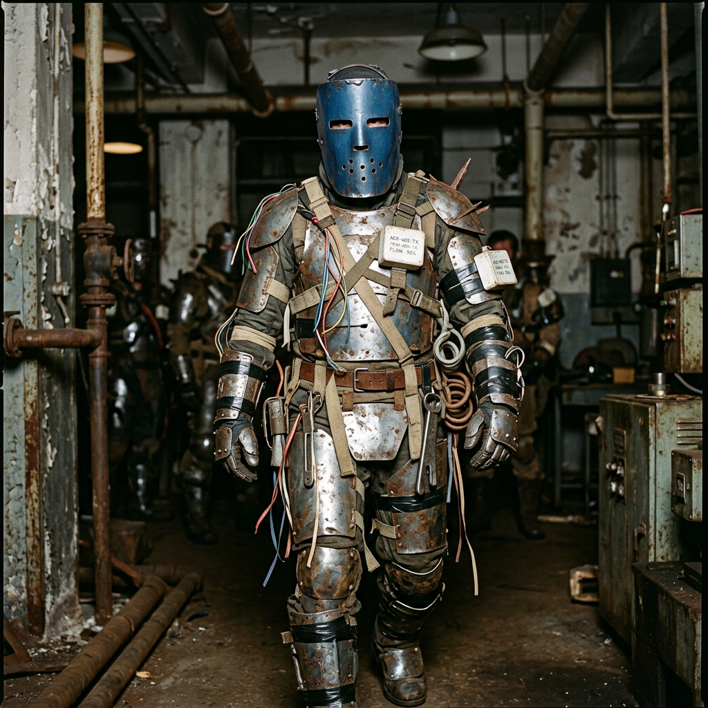 A figure clad head to toe in metal plates, spikes, wires, tools, and white blocks of writing, with a blue metal mask featuring long eye slits and perforated mouth area.