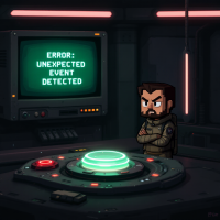 A pixel art scene depicts a frustrated man in a space uniform, standing before a glowing button, with a screen displaying ERROR: UNEXPECTED EVENT DETECTED, reflecting Holden's impulsive decisions.