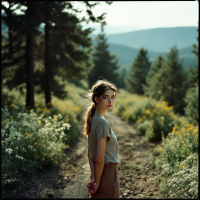 A young woman stands on a grassy path surrounded by wildflowers, gazing back over her shoulder towards a landscape of rolling hills and trees, embodying a sense of moving forward with life.