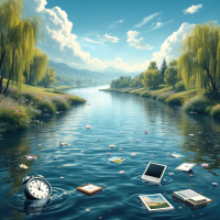 A serene river flows under a bright sky, with a clock and floating photographs on the water, capturing the essence of choices and possibilities in time.