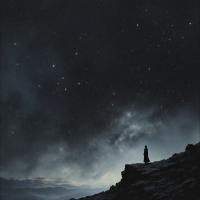 A solitary figure stands on a rocky outcrop, gazing up at a vast, star-filled sky, evoking the indifference of the universe as expressed in the quote.