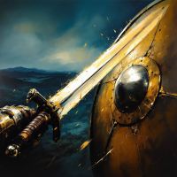 A close-up of a gleaming sword, poised to penetrate a sturdy shield, with sparks flying, set against a dramatic landscape, evoking the quote, The slow blade penetrates the shield.