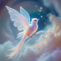 A luminous, ethereal bird with iridescent feathers perches on a delicate swirl amidst soft clouds, echoing the essence of hope from Emily Dickinson's quote.