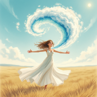 A woman in a flowing white dress stands in a golden field, arms outstretched as a swirling cloud of blue wind forms above her, embodying the essence of the quote Words are wind.