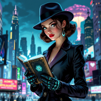 A stylish woman in a black hat and gloves reads a book in a vibrant, neon-lit city landscape, embodying the sentiment that books stay with us forever.