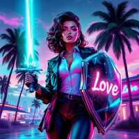 A powerful woman stands confidently with a glowing sword in one hand and a shield labeled Love in the other, set against a vibrant, neon-lit backdrop of palm trees and city lights.